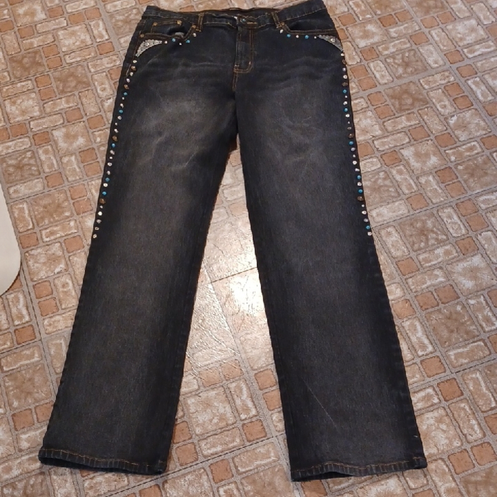 DG2 by Diane Gilman Black Straight Leg Jeans with Stylish Embellishments Size 10